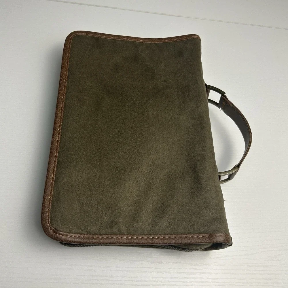 Zondervan XL Bible Cover Green Suede with Brown Trim, Handle, Zipper 11